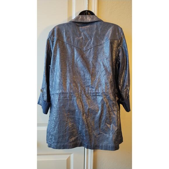 Chicos Women's Blue Floral Metallic Shimer Roll Tab Sleeve Jacket Size 1 - Picture 8 of 16